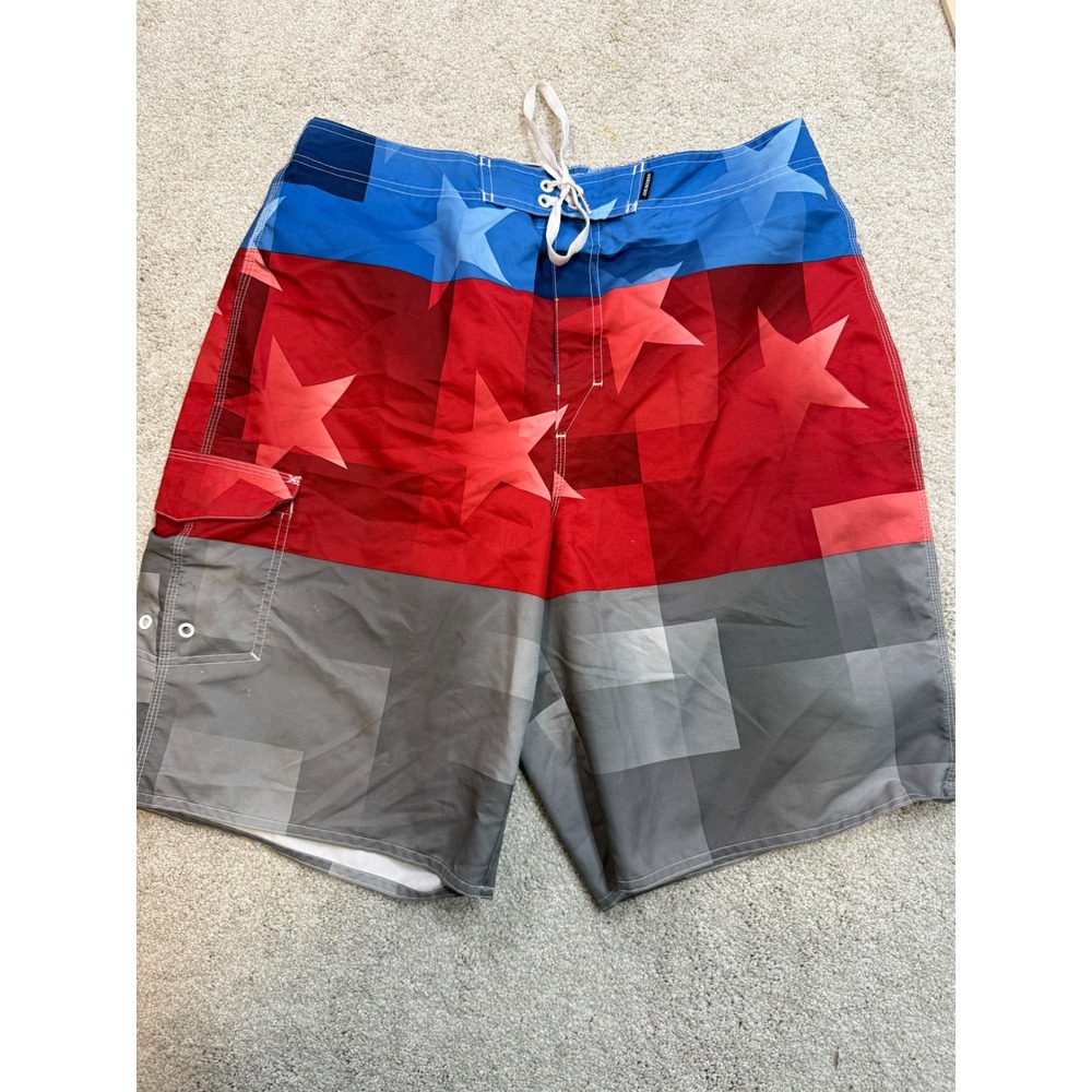 Joe Boxer Mens Board Shorts Large Red Blue Grey Stars Geometric Swim Trunks L/G